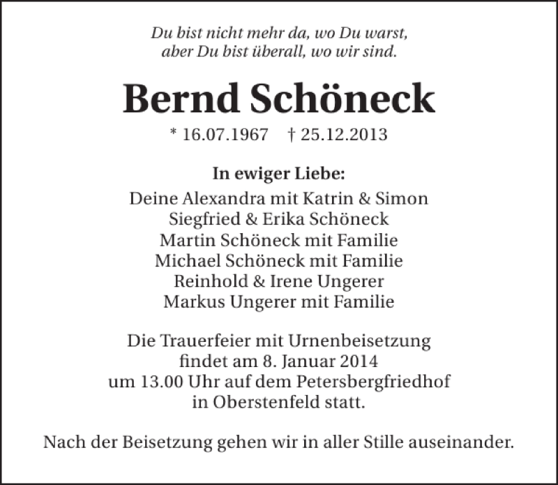  Traueranzeige für Bernd Schöneck vom 31.12.2013 aus 