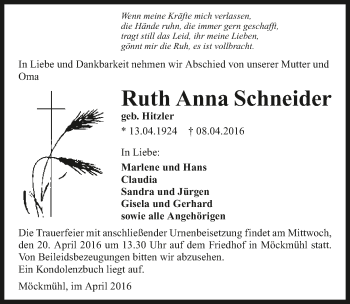 Traueranzeige von Ruth Anna Schneider 