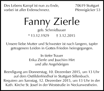 Traueranzeige von Fanny Zierle 