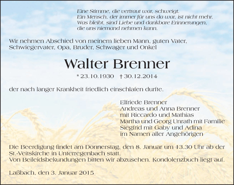  Traueranzeige für Walter Brenner vom 03.01.2015 aus 