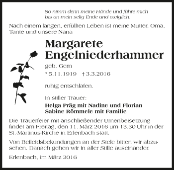 Traueranzeige von Margarete Engelniederhammer 