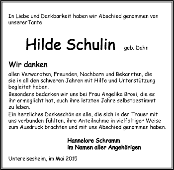 Traueranzeige von Hilde Schulin 