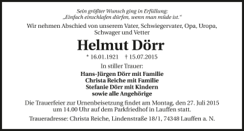 Traueranzeige von Helmut Dörr 