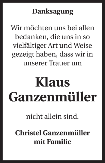 Traueranzeige von Klaus Ganzenmüller