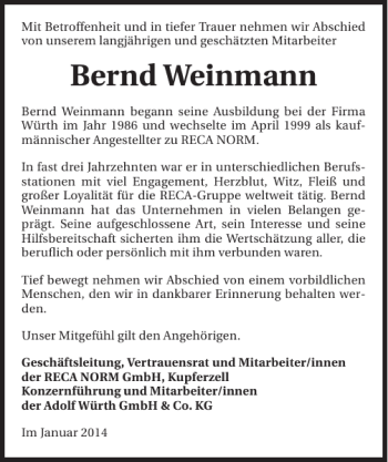 Traueranzeige von Bernd Weinmann 