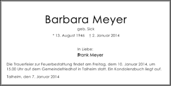 Traueranzeige von Barbara Meyer 