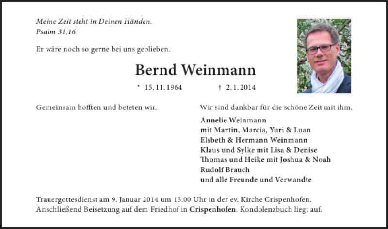  Traueranzeige für Bernd Weinmann vom 07.01.2014 aus 