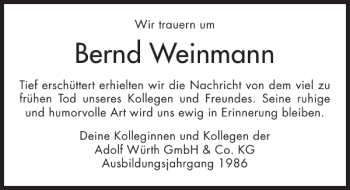 Traueranzeige von Bernd Weinmann 