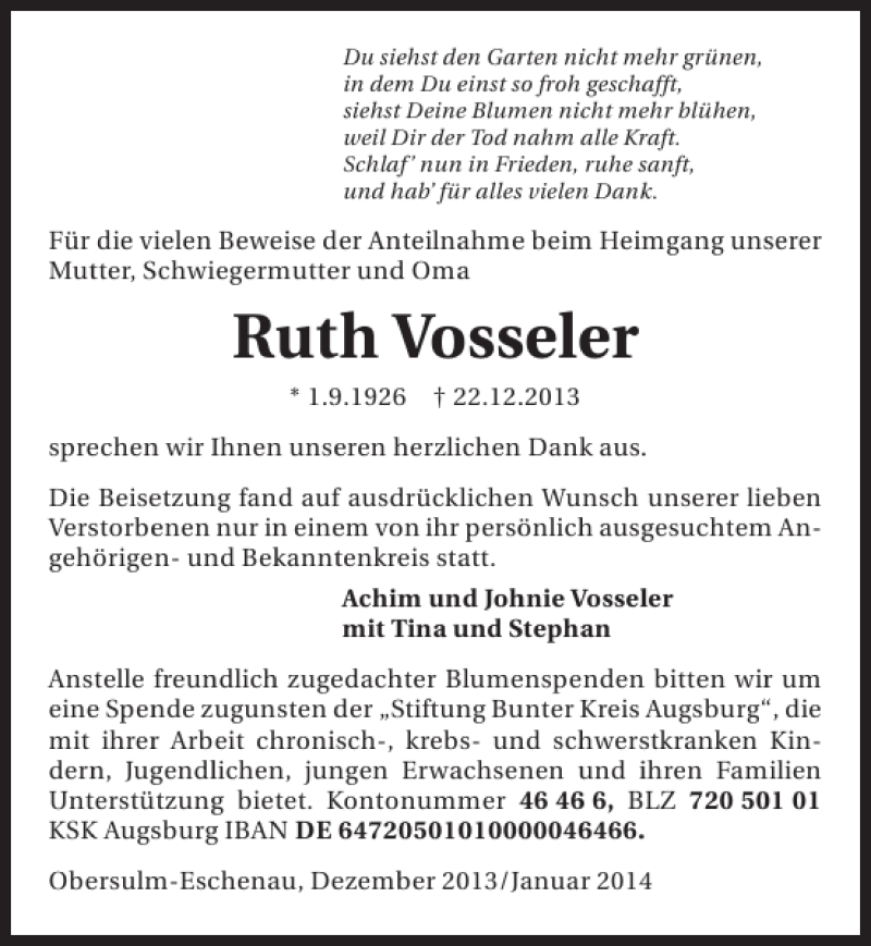 Traueranzeigen von Ruth Vosseler www.trauerundgedenken.de