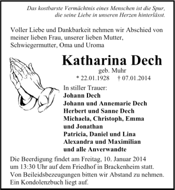 Traueranzeige von Katharina Dech 