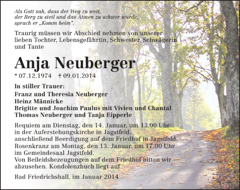  Traueranzeige für Anja Neuberger vom 11.01.2014 aus 