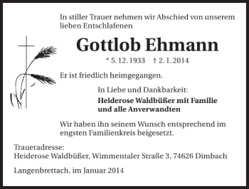 Traueranzeige von Gottlob Ehmann 