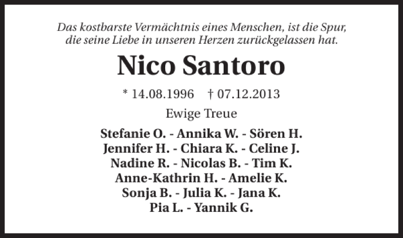  Traueranzeige für Nico Santoro vom 13.01.2014 aus 