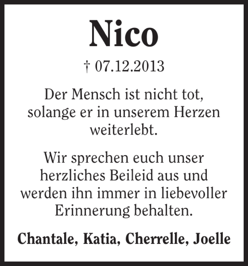  Traueranzeige für Nico Nico vom 14.01.2014 aus 