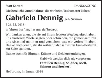 Traueranzeige von Gabriela Dennig 