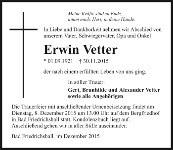 Traueranzeige von Erwin Vetter 