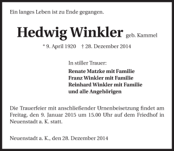 Traueranzeige von Hedwig Winkler 