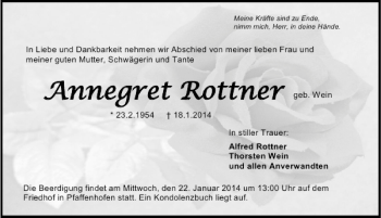 Traueranzeige von Annegret Rottner 