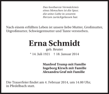 Traueranzeige von Erna Schmidt 