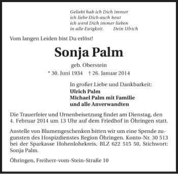 Traueranzeige von Sonja Palm 