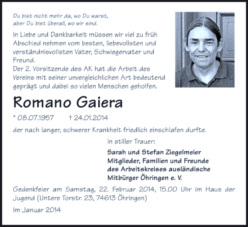 Traueranzeige für Romano Gaiera vom 01.02.2014 aus 