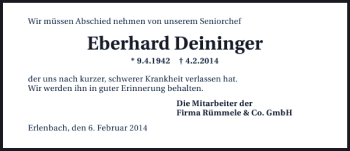 Traueranzeige von Erberhard Deininger 