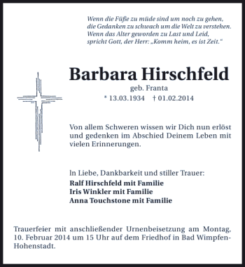 Traueranzeige von Barbara Hirschfeld 