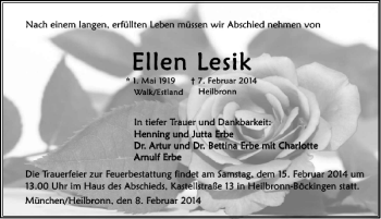 Traueranzeige von Ellen Lesik 