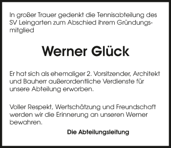 Traueranzeige von Werner Glück 