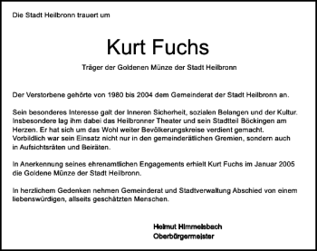 Traueranzeige von Kurt StadtHN Fuchs 