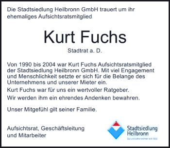 Traueranzeige von Kurt Stadtsiedlung Fuchs 