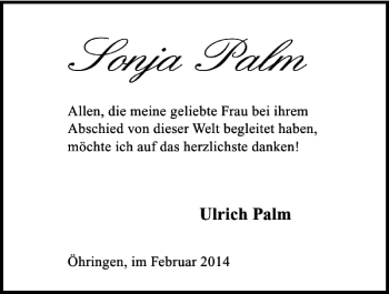 Traueranzeige von Sonja Palm 