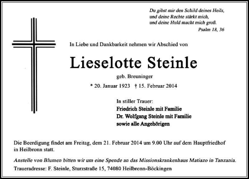  Traueranzeige für Lieselotte Steinle vom 18.02.2014 aus 