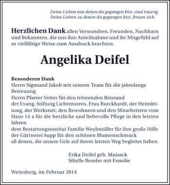 Traueranzeige von Angelika Deifel 