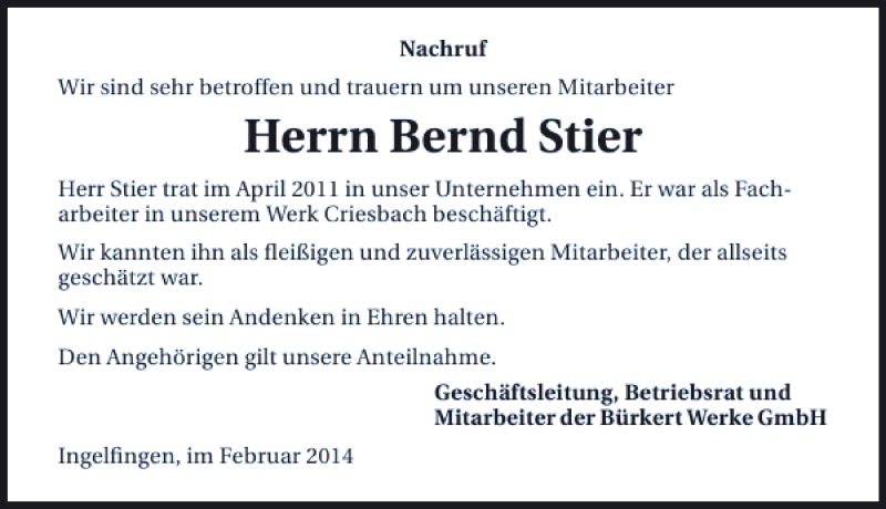  Traueranzeige für Bernd Stier vom 27.02.2014 aus 