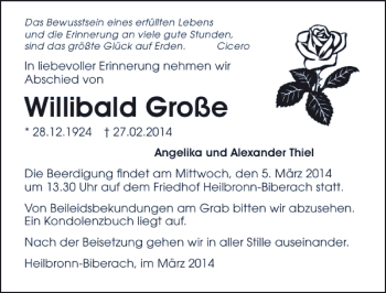 Traueranzeige von Willibald Große 