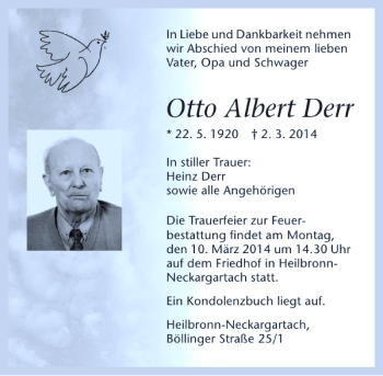 Traueranzeige von Otto Albert Derr 