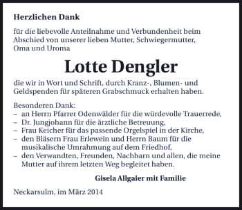 Traueranzeige von Danksagung Lotte Dengler 