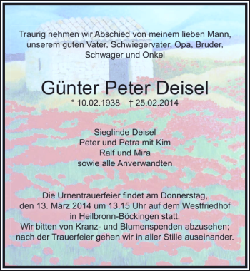 Traueranzeige von Günter Peter Deisel 