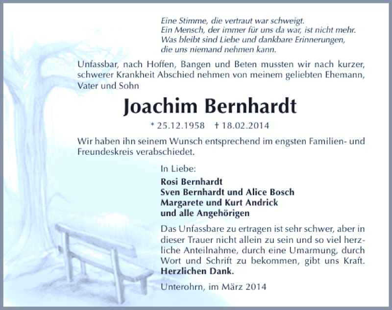  Traueranzeige für Joachim Bernhardt vom 08.03.2014 aus 