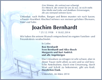 Traueranzeige von Joachim Bernhardt 