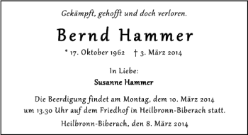 Traueranzeige von Bernd Hammer 