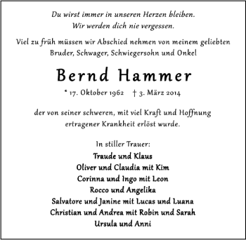 Traueranzeige von Bernd Hammer 