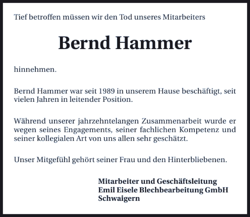  Traueranzeige für Bernd Hammer vom 08.03.2014 aus 