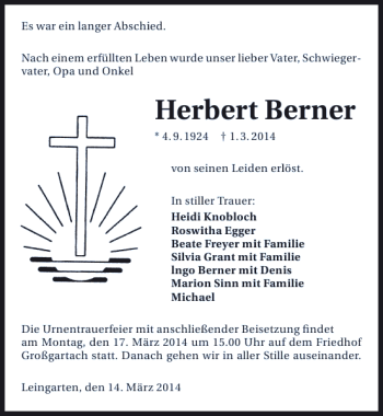 Traueranzeige von Herbert Berner 