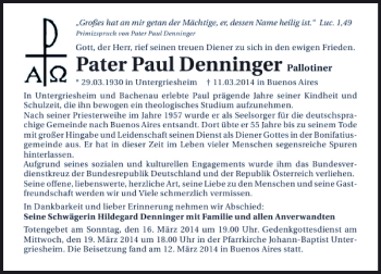 Traueranzeige von Pater Paul Denninger 