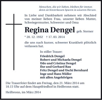 Traueranzeige von Regina Dengel 