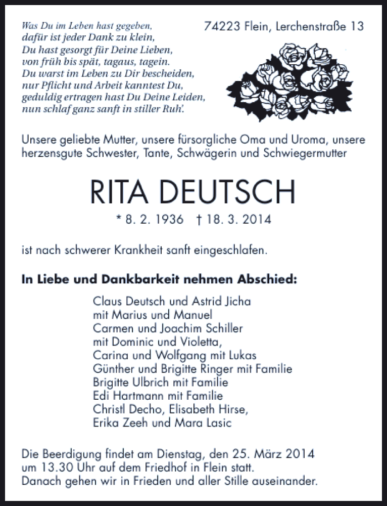  Traueranzeige für Rita Deutsch vom 22.03.2014 aus 