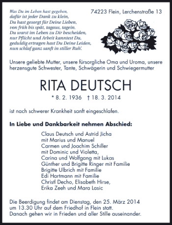 Traueranzeige von Rita Deutsch 