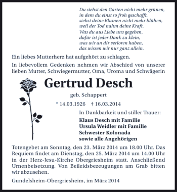 Traueranzeige von Gertrud Desch 